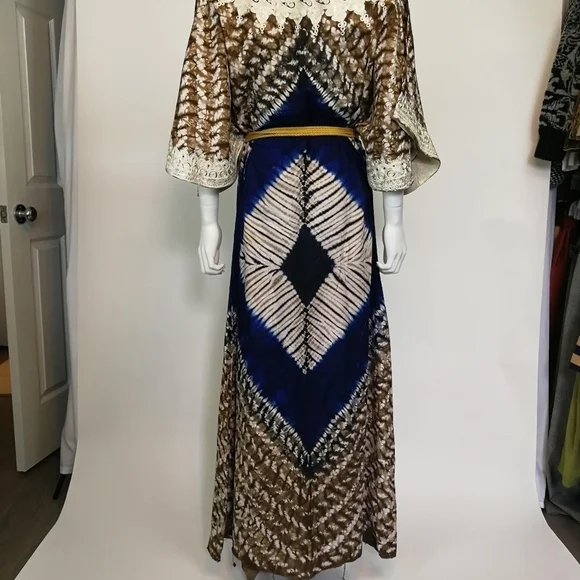 Vintage 70s Afro-centric heirloom robe wax print embroidered maxi length caftan - Picture 13 of 15